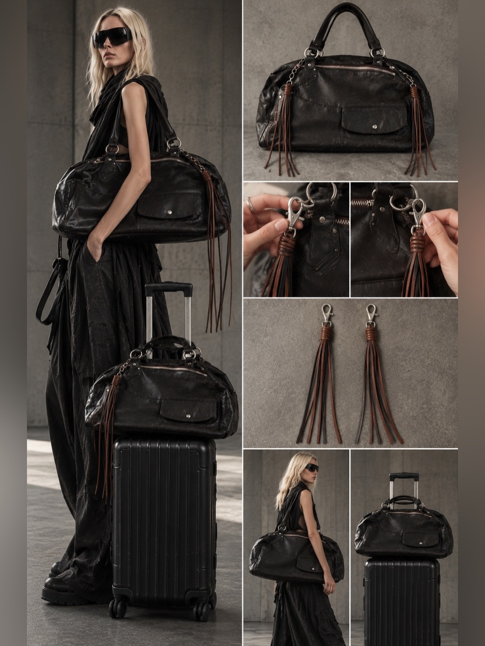 Oversized Dark Brown  Weekender Bag wi/ detachabl Fringe Boho Moto travell